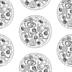 Seamless pizza pattern. Hand drawn pizza illustrations. Vector illustration.