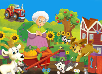 Obraz na płótnie Canvas cartoon farm ranch scene with farmer woman girl different animals illustration for children