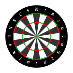 Official dartboard with numbers in 20 radial sections, double rings, triple ring, inner and outer bullseye. Simple flat vector illustration