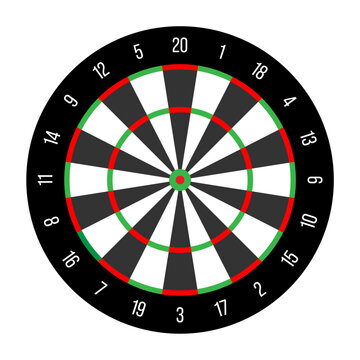 Official dartboard with numbers in 20 radial sections, double rings, triple ring, inner and outer bullseye. Simple flat vector illustration