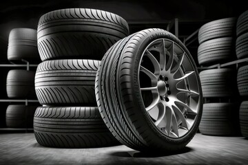 Car wheels, new tires on a dark background. ai generated. - obrazy, fototapety, plakaty