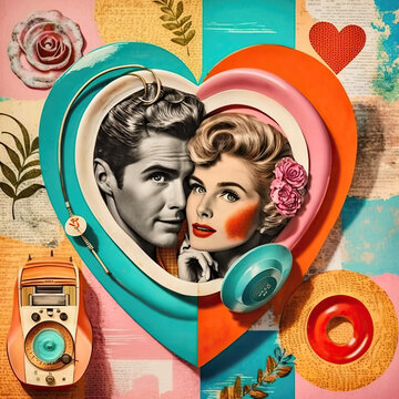 Valentines Day, 50s Retro Couple And Hearts. Love And Partnership. Generative AI