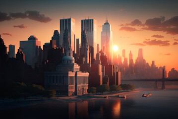 Fototapeta na wymiar Manhattan skyline, New York at sunset. Generative AI