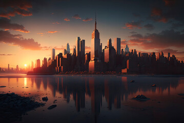 Fototapeta na wymiar Manhattan skyline, New York at sunset. Generative AI