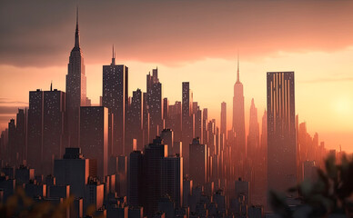 Manhattan skyline, New York at sunset. Generative AI © Farnaces