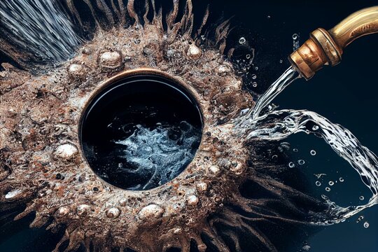 Abstract Surreal Image Shows Rusty Water Pouring From A Tap. Safe Drinking Water Is A Basic Human Right, As The Flint Water Crisis Proves. Generative AI