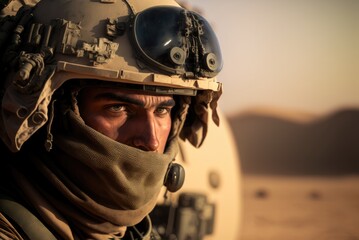Fototapeta premium Close-up face portrait of serious soldier in sand uniform with helmet ready for defense before war. AI generative