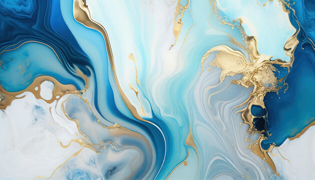 Blue marble texture with gold splashes, liquid paint art	