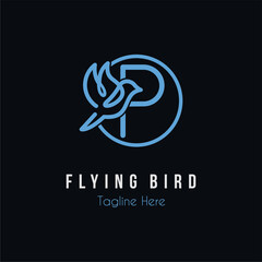 Initial P Letter and Flying Blue Bird Restaurant, Cafe, Digital, Technology Business Logo Idea Template