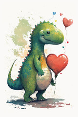 Generative AI extremelly cute dinosaur character with a heart-shap baloon