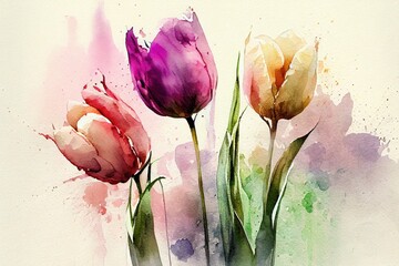 watercolor pink, white, and purple tulips, AI art
