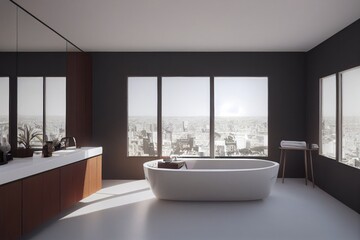 Fototapeta na wymiar Luxury Spring Penthouse Primary Bathroom Modern Interior with White Soaking Tub with City Views Made with Generative AI