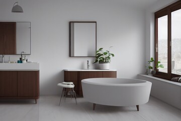 Naklejka na ściany i meble White Luxury Sustainable Organic Modern Primary Bathroom Wood Vanity Made with Generative AI
