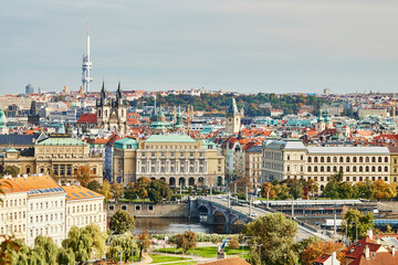 View of Vltava, bridge and Czech historical buildings in Prague.