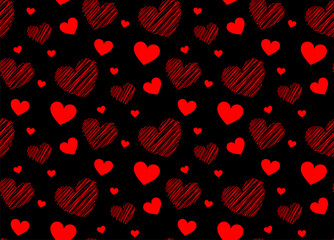 Fototapeta na wymiar red hand drawn hearts on black pattern