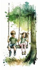 Two children on a swing - obrazy, fototapety, plakaty