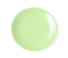 Empty light green ceramic plate isolated on white, top view