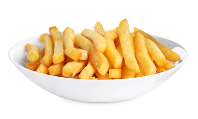 Plate with tasty French fries on white background