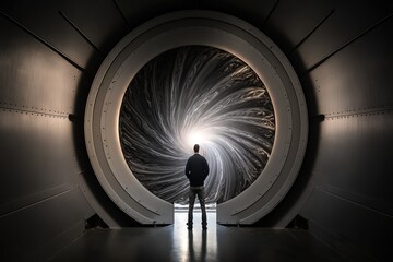 Person standing in front of large particle accelerator, concept of Scientific Experiment and Particle Physics, created with Generative AI technology