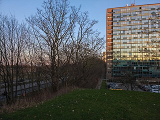 Exploring the Balance between City and Nature: A Majestic View of a 15-Story Apartment Complex and the Leafless Trees that Surround it, Capturing the Intersection of Urban Development and the Natural 