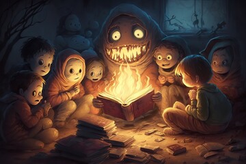 One person tells scary stories around fire the rest of the people are horrified, concept of Mystical Atmosphere and Hushed Silence, created with Generative AI technology - obrazy, fototapety, plakaty