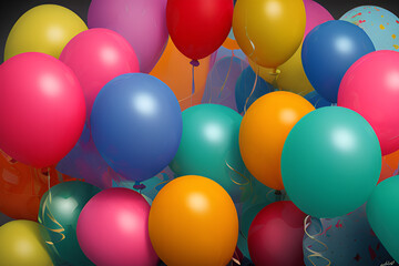 Fototapeta na wymiar Background of inflatable, festive balloons of different colors, holiday card. generative ai 