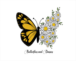 daisies and butterfly hand drawn design