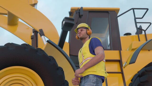 worker on construction site backhoe excavator yellow bib and hard hat noise canceling headphones safety protective wear 3D animation