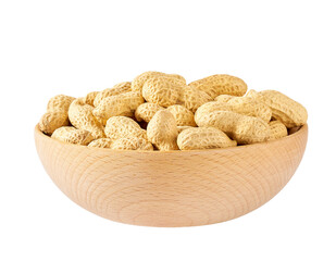 Wooden plate with organic peanuts isolated on white background.