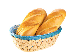 Fresh french bread in basket isolated on white background with clipping path. Fresh french baguette in basket isolated.