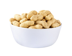 organic peanuts in a ceramic plate close-up isolated on white background.