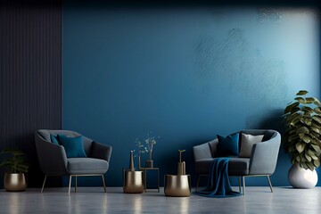 Modern cozy living room interior design in 3d rendering. watercolor style with blue wall texture background. AI Generated