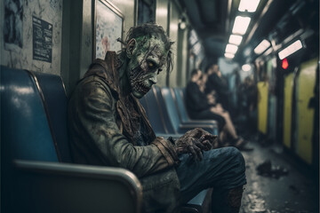 Fototapeta na wymiar Zombie sitting in the subway genarative AI