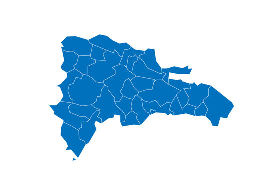 Dominican Republic political map of administrative divisions - provinces and national district. Solid blue blank vector map with white borders.