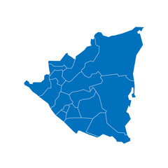 Nicaragua political map of administrative divisions - departments and autonomous regions. Solid blue blank vector map with white borders.