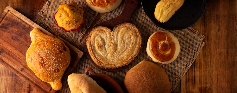 Variety of traditional Mexican sweet bread, Hojaldra, Bisquet, Cocol, Chino, Oreja, Cacahuate, made by hand, in Mexico it is called Pan Dulce and cannot be missing at breakfast or snack.