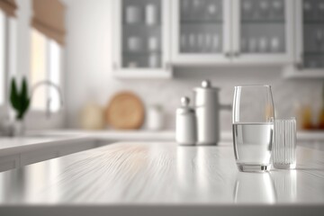 Empty white tabletop, counter, desk background over blur perspective kitchen background, White marble stone table, blurred kitchen, product display mockup, 