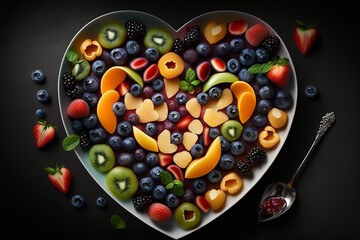 Naklejka na ściany i meble Fruit salad top view heart shape genarative AI