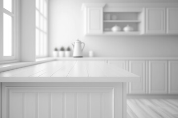 Obraz na płótnie Canvas Empty white tabletop, counter, desk background over blur perspective kitchen background, White marble stone table, blurred kitchen, product display mockup, 