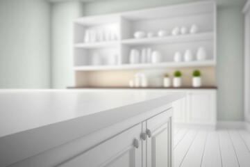 Empty white tabletop, counter, desk background over blur perspective kitchen background, White marble stone table, blurred kitchen, product display mockup, 