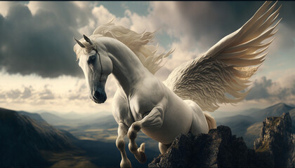 Plakat white horse with golden wings and a majestic genarative AI