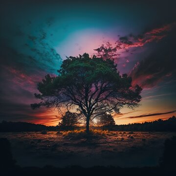 Fotografia di un albero al centro di una foresta, cielo colorato, nuvole, atmosfera, tramonto