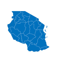 Tanzania political map of administrative divisions - regions. Solid blue blank vector map with white borders.