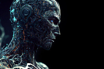Fototapeta na wymiar Humanoid Cyberman: Emerging Artificial Intelligence with a Digital Brain for Big Data Processing. Generative AI.