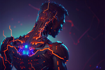 Close up of a male silhouette. The Man of the Future: The Electronic Circuit in the Foreground on the Frontier of 3D Technology. Generative AI.