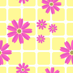 Pink Flowers On Yellow Squares. Seamless Patterns Background. Vector Illustration. Tablecloth, Picnic mat .