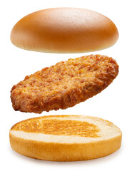 Pork Burger falling in the air isolated on white background, Hamburger ingredients on white With work path.