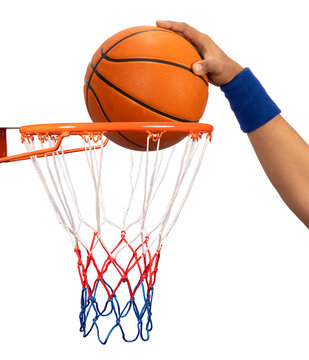 Basketball player dunking a Basketball ball in the hoop isolated on white background, With clipping path.