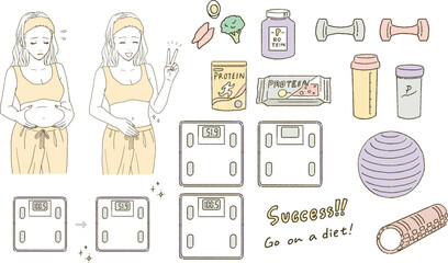 ビューティー　ダイエットする女性と体重計とプロテインのイラストレーションセット