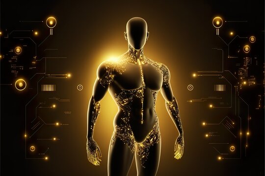 catena di blocchi AI primo piano di una silhouette maschile.L'uomo del futuro: la silhouette maschile integra circuiti elettronici, catene di blocchi e intelligenza artificiale. IA generativa.